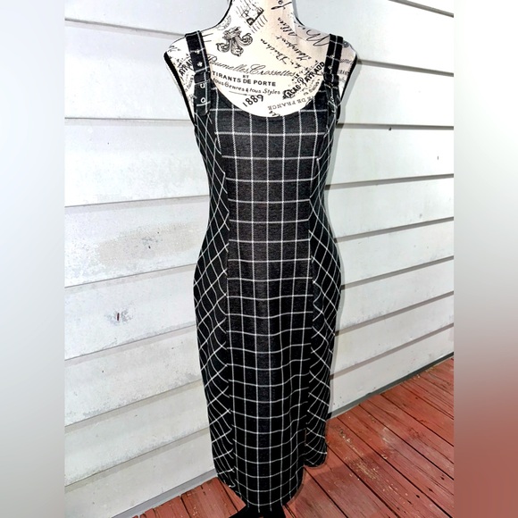 AUW Dresses & Skirts - A.U.W black with white plaid and buckle straps midi dress w/ slit• NWOT• Size: S